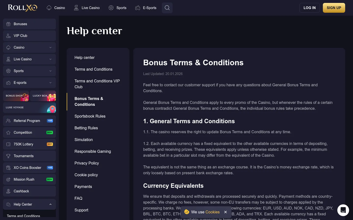 RollXO bonus terms and conditions page, updated 20 January 2026