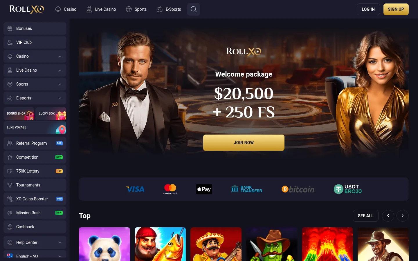 RollXO casino lobby with the Pokies, Megaways and Bonus buy categories