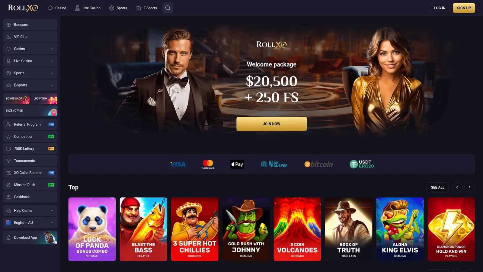 RollXO homepage on the Australian version with the welcome package and the payment strip