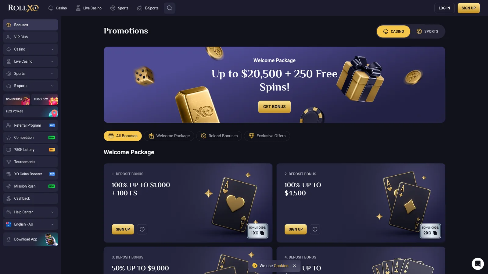 RollXO promotions page with the four deposit bonuses of the welcome package